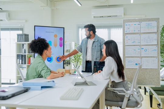 A man presents market share data on a large screen while explaining to two colleagues at a desk, one reviewing stock charts on a laptop a comprehensive scene of business analysis and team presentation