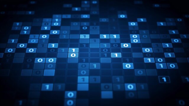 Digital binary code grid with glowing blue data points and selective focus