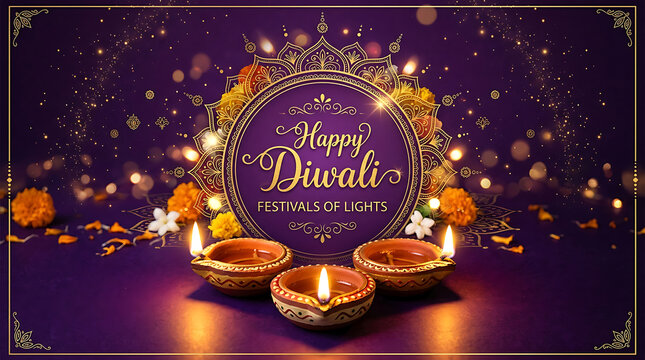 Happy diwali festival of lights greeting card with traditional oil lamps and marigold flowers