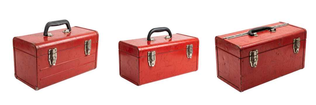Vintage Red Metal Toolbox Container Set Isolated on Transparent or White Background