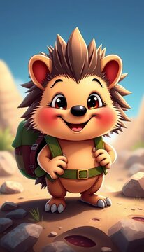 Cute cartoon hedgehog with bright smile and backpack ready for adventure, outdoor, able