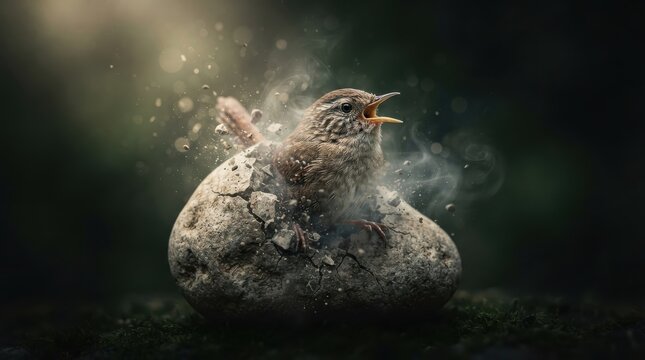 Small bird hatching and emerging from a cracked stone