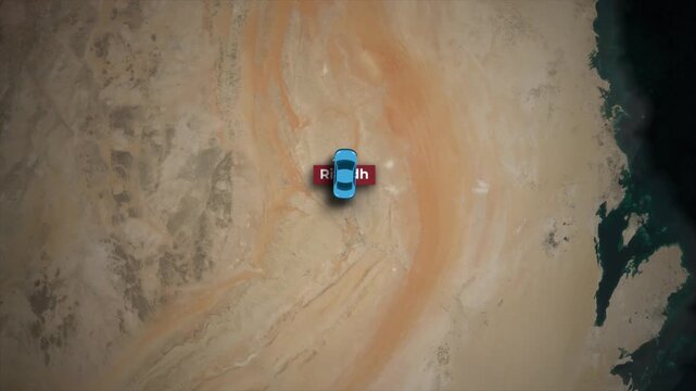 Riyadh to Medina Car Travel Route Animation on Satellite Map