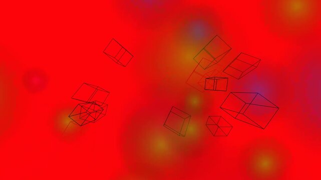 Floating 3D wireframe cubes rotate on a vibrant red bokeh background.
