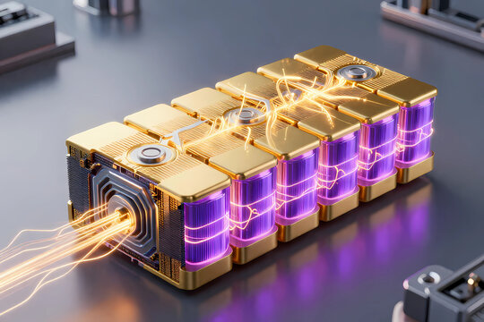 Next-generation solid-state battery cell matrix with glowing neon energy currents
