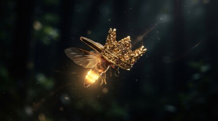 Fototapeta premium Firefly wearing a golden crown in a dark forest