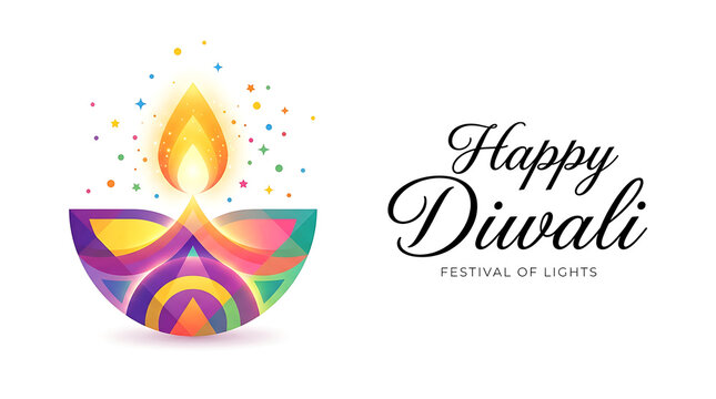 Happy diwali greeting card design with colorful diya oil lamp illustration