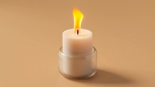 A single white candle burning in a glass holder against a soft beige background.