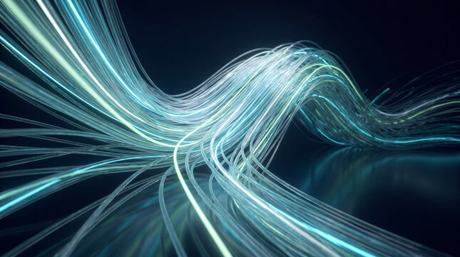 Flowing 3D glass strands rippling over reflection