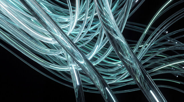 Twisted glass 3D fibers crossing in teal glow