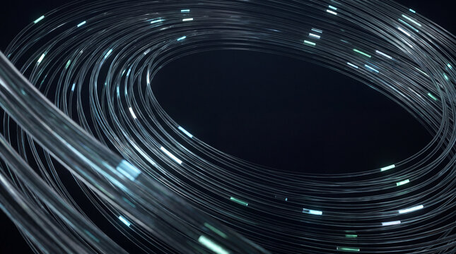 Coiled 3D optic fibers glowing with scattered light dashes