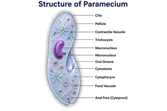 Structure of Paramecium with Labeled Cellular Organelles and Internal Components
