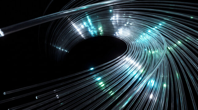 Vortex of 3D fiber strands swirling with bright sparkles