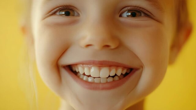 Smiling toddler's face with teeth, happy expression on yellow background.
