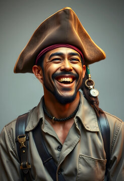 Smiling pirate character with a tricorn hat and braided hair, adventure and historical fiction