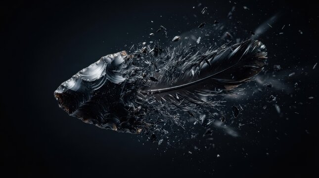 Black feather transforming into obsidian stone shards
