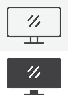 Computer monitor icon set in line, outline and solid styles. Flat screen display icon with stand, editable stroke vector sign and symbol in different style.