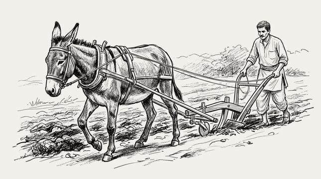 Hardworking donkey vector and farmer plowing field