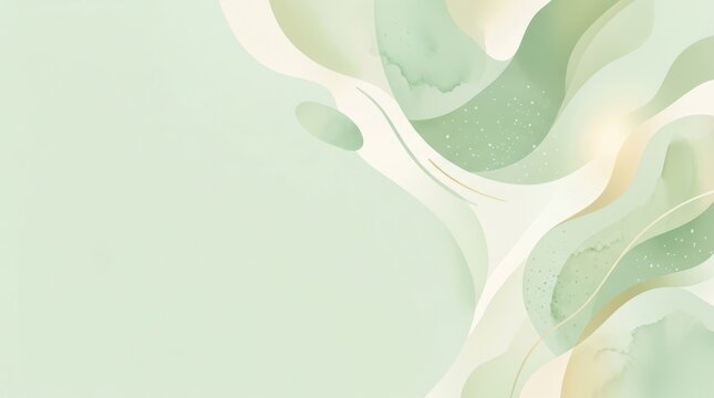 Abstract green and beige fluid shapes on a light green background.