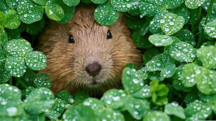 Obraz premium Charming Rodent Among Lush Greenery and Dew