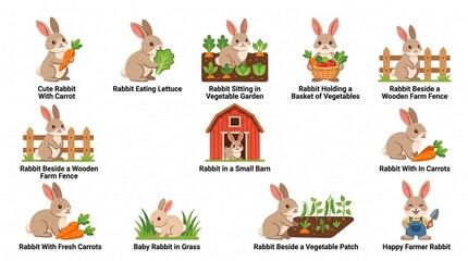 Fototapeta premium Cute Rabbit in Vegetable Garden Vector Set Eating Carrot