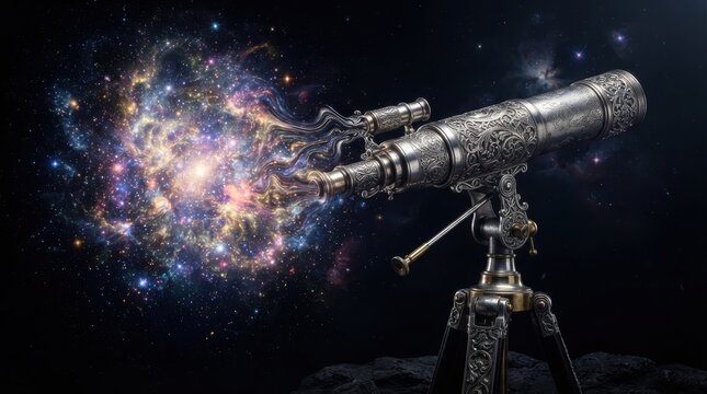 Vintage telescope observing a colorful nebula in outer space