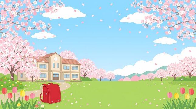 Japanese spring school background with cherry blossom trees a school building and a red backpack