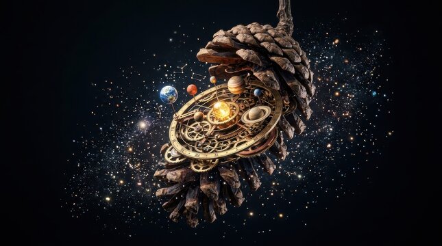 Solar system orrery model inside an open pine cone floating in space