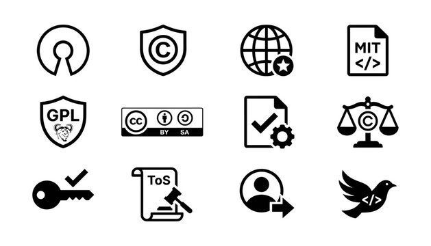 Open Source Software Licensing and Digital Intellectual Property Icon Set for Legal Compliance Terms of Service Regulations Vector Illustration Style