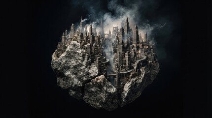 Obraz premium Fantasy floating city on broken rock with smoke