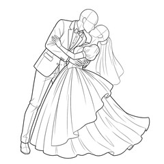 Fototapeta premium Hand drawn sketch of wedding couple base dip kiss front view isolated on white background. Technical line art illustration.