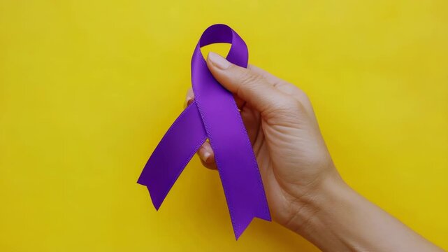 Hand holds purple ribbon against vibrant yellow background. Ribbon loops neatly, symbolizing awareness. Color contrasts clearly, drawing attention. Simple, clean composition for messaging