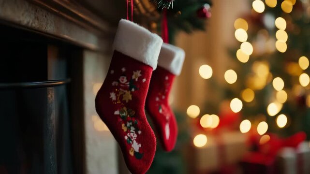 A festive Christmas stocking adorned with lights and ornaments hanging near a fireplace.