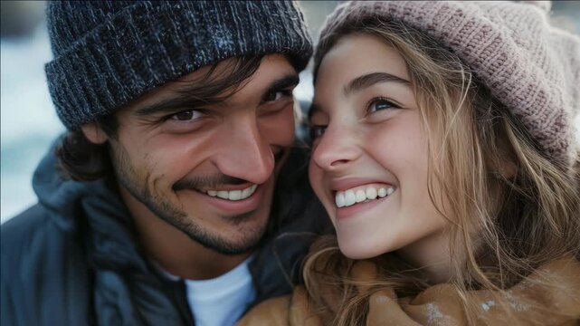 A happy young couple posing for a with smiles on their faces.