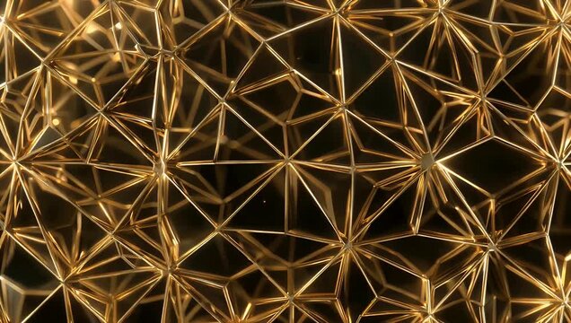 abstract 4K digital animation features a geometric gold mesh pattern viewed in wide angle forming a golden technology polygon structure that serves as a modern abstract animated background ideal