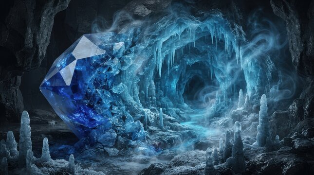 Large blue crystal in an ice cavern with stalactites and mist