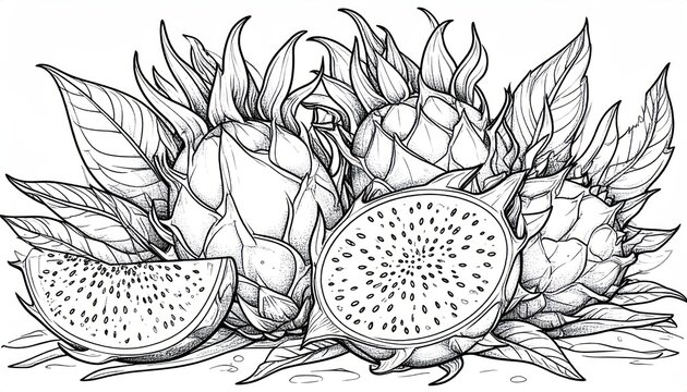 Composition of whole and sliced dragon fruits line art.