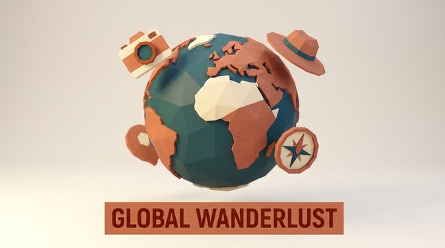 Low poly globe surrounded by floating travel symbols and wanderlust text against neutral background with compass descriptive text below floating icons