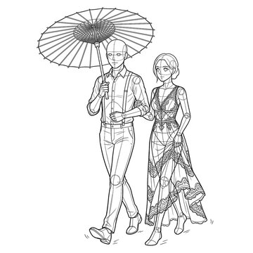 Hand drawn sketch of wedding couple base walking under umbrella 3/4 view. Technical line art.