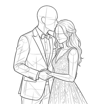 Hand drawn sketch of wedding couple base dance forehead kiss 3/4 view isolated on white. Technical line art.