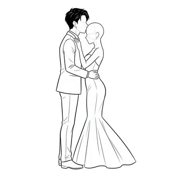 Hand drawn sketch of wedding couple base dance forehead kiss profile view isolated on white. Technical line art.