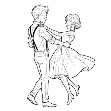 Hand drawn sketch of wedding couple base bride twirling dress profile view isolated on white. Technical line art.