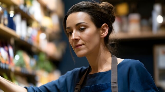 A woman wearing an apron is focused on re ing shelves in a well lit store environment