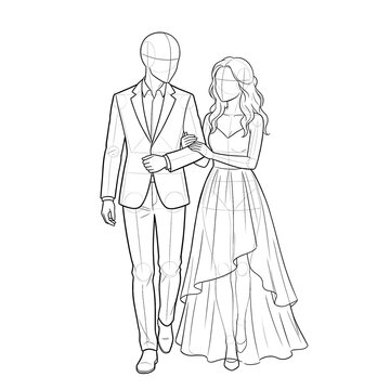 Hand drawn sketch of wedding couple base walking arm in arm 3/4 view isolated on white. Technical line art.