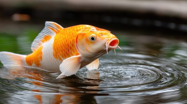 Koi fish swims in dark water with ripples, showing orange and white patterns while mouth is open with barbels in a blurred background