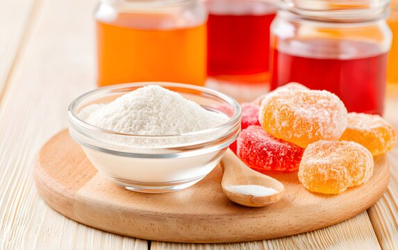 Gelling agents: gelatin, agar-agar or pectin powder with marmalade on wooden cutting board. Gelatine granules used as a gelling agent