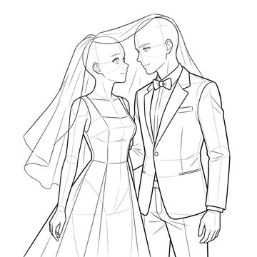 Hand drawn sketch of wedding couple base looking at each other under veil 3/4 view. Technical line art.