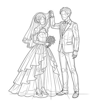 Hand drawn sketch of wedding couple base groom lifting veil front view isolated on white. Technical line art.