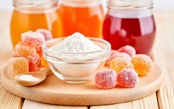 Gelling agents: gelatin, agar-agar or pectin powder with marmalade on wooden cutting board. Gelatine granules used as a gelling agent
