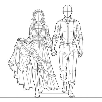 Hand drawn sketch of boho couple walking holding hands front.